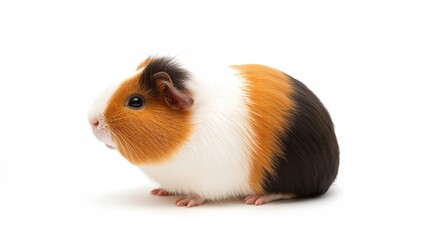 Tricolor guinea pig positioned against a plain white backdrop