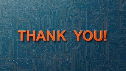 Brutalist product photograph featuring the phrase Thank You! from a bird's-eye perspective, showcasing a vibrant blue and orange color scheme, design element for promotional material