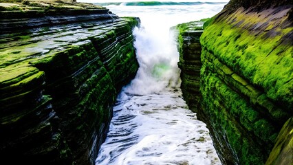 Waves crashing through mossy rocks create a dynamic coastal scene with the ocean in the background on a sunny day