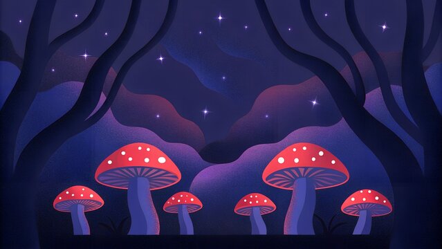 A whimsical scene unfolds with glowing mushrooms under a starry night sky in a magical forest landscape illustration