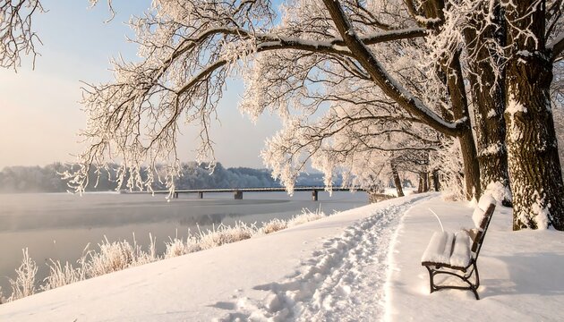 Frost-covered trees arch over a snow-laden path beside a serene lake, the sun barely warming the icy landscape, a bench awaits
