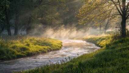 River shrouded in mist, bordered by lush green grass bathed in sunlight