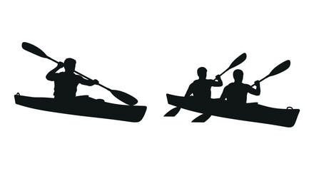 Silhouettes of two kayaks with paddlers on calm water surface