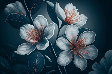 A captivating closeup of delicate white blossoms, their petals adorned with intricate details and vibrant orange stamens