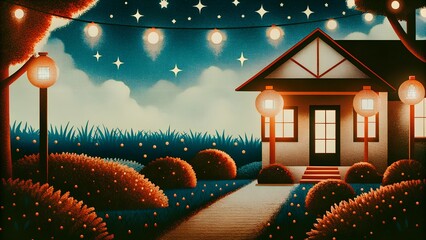 A cozy house with warm lights and a starry sky creates a peaceful and inviting atmosphere in a quaint neighborhood