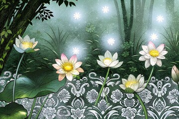 Enchanting lotus flowers bloom amidst a mystical forest, illuminated by ethereal fireflies in a serene and magical ambiance