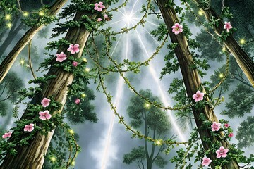 A magical forest scene with trees adorned with pink flowers and glowing lights, creating a whimsical and enchanting atmosphere