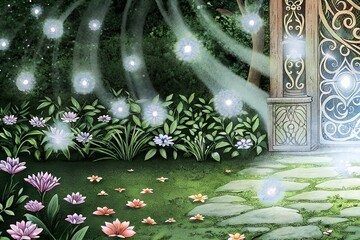 Enchanted garden with glowing orbs and flowers leading to an ornate gate, creating a magical and whimsical atmosphere
