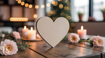 Wooden heart decor with candles and flowers on a rustic wooden table, romantic blurred bokeh background, warm candlelight atmosphere, Valentine’s Day or wedding concept