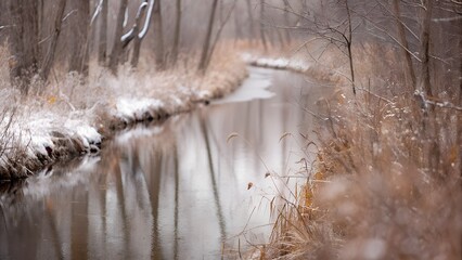 A tranquil winter scene captures a serene river flowing through a snow dusted forest, reflecting the bare trees