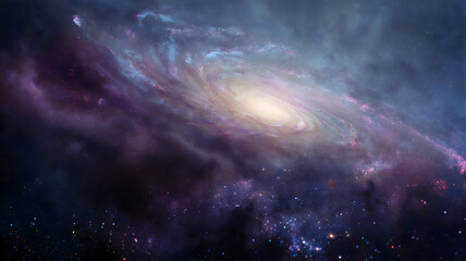 Fototapeta premium Cinematic spiral galaxy and nebula space background with bright core and starfield, 16:9