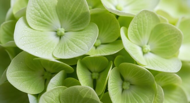 Macro close-up of fresh green hydrangea flowers with water droplets. Delicate floral background with selective focus. Natural spring wallpaper