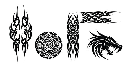 Collection of striking black tribal tattoo designs and a dragon head