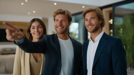 Real estate agent giving a home tour to a smiling couple in a beautifully staged living room, emotion of excitement and curiosity visible, symbolizing professional property presentation, interior