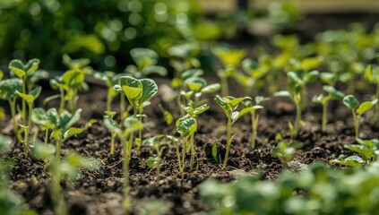 Obraz premium Cucumber seedlings sprouting in a garden bed, promoting a fiber-dense choice