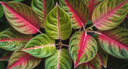 Close-up of colorful Aglaonema leaves with vibrant patterns. Tropical red and green foliage creating a natural abstract texture background