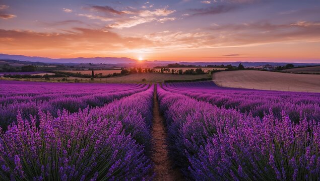 Sunset over endless rows of blooming lavender