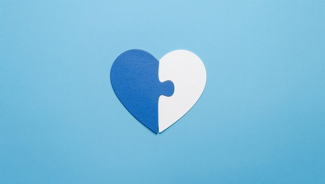 A close-up of two puzzle pieces forming a heart shape against a blue backdrop with white borders, representing the idea that love needs two individuals to thrive.