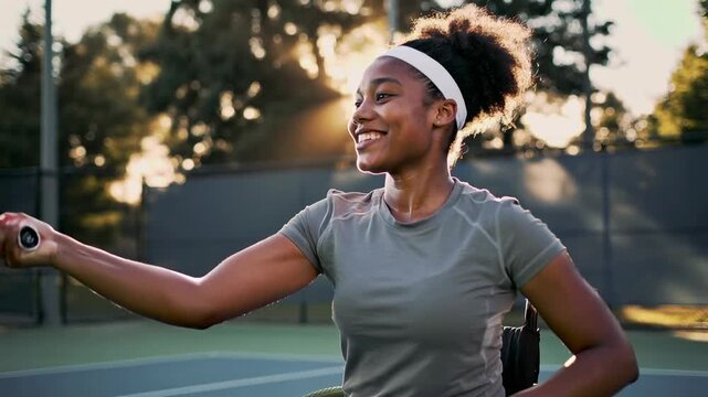 Disabled Black woman playing tennis in wheelchair, adaptive sports, diversity and inclusion.