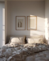 Fototapeta premium A bed with two pillows and a framed picture on the wall