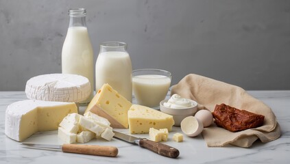 Assortment of organic dairy items displayed on a stone surface with a neutral backdrop. Includes cheese varieties, milk, yogurt, sour cream, eggs, and smoked cheese.