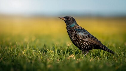 Common starling (Sturnus vulgaris) observed in native environment among grassy fields, seasonal change