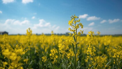 Obraz premium Agricultural field of canola flowers in bloom under a clear blue sky, highlighting seasonal beauty