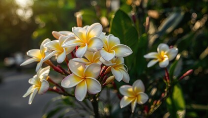 Obraz premium Frangipani blossoms flourishing in a neighboring garden, seasonal beauty