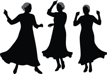 Silhouette of elderly woman dancing, senior lady enjoying movement, graceful dance posture, happy old woman, active lifestyle, joyful motion illustration