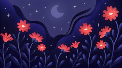 A field of glowing red flowers under a starry night sky with a crescent moon creates a dreamy and magical scene