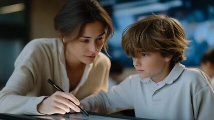 Teacher using AI virtual assistant in digital classroom to monitor student progress, symbolizing educational technology, personalized learning, and advanced classroom automation. cinematic color - Powered by Adobe