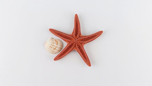 Single dried red starfish displayed against a white background, viewed from above