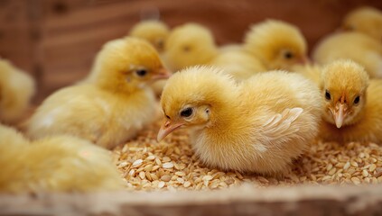 Adorable young poultry pecking at feed, detailed view.