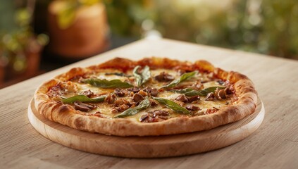 Appetizing pizza topped with mushrooms and fresh basil on light wood, a fiber-dense choice
