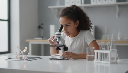 A young Hispanic student looks through a microscope in a modern science lab. Girl using a tablet with a holographic molecule for a futuristic STEM lesson