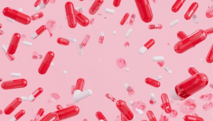 Falling red medicinal capsules on a pink backdrop, potential health risks of antibiotics
