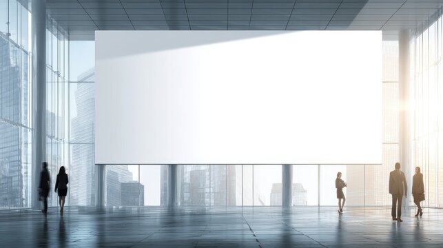Large blank banner in a modern corporate office interior with people.