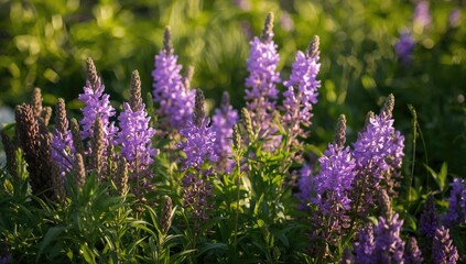 Obraz premium Vibrant purple blossoms set against lush greenery