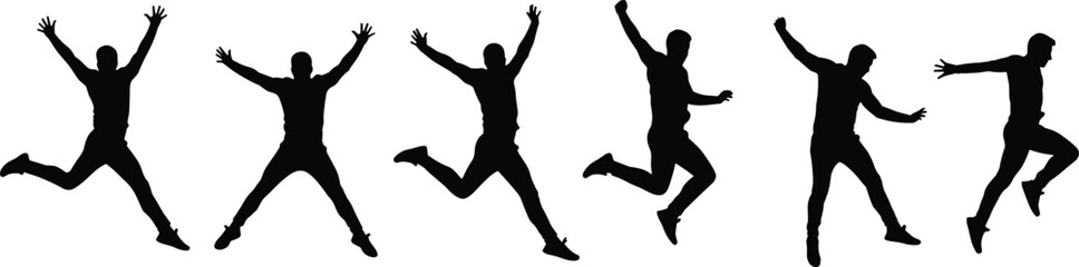 Silhouette of man jumping in different energetic poses isolated on white background, freedom movement concept, happiness and active lifestyle