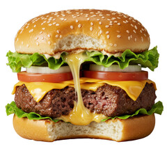 Extreme close-up macro of a gourmet flame-grilled beef burger with molten cheddar cheese, crisp lettuce, and a large bite taken, isolated on a transparent background. Delicious culinary concept