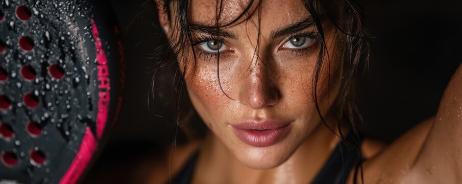 Intense close-up of a female padel player sweating, focused eyes and pink racket grip during match - Powered by Adobe