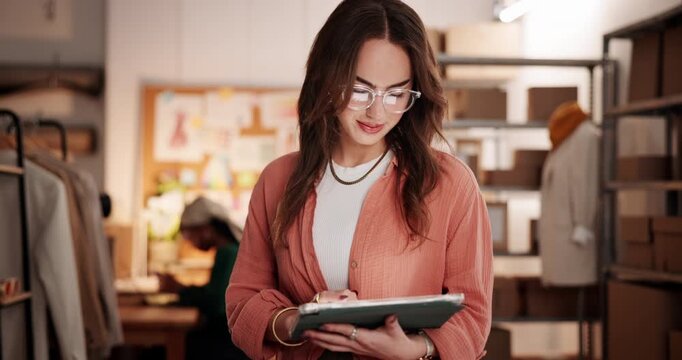 Ecommerce, tablet and reading with woman in warehouse for delivery confirmation, courier schedule and cargo. Shipping, distribution and digital inventory with person in factory for supplier invoice