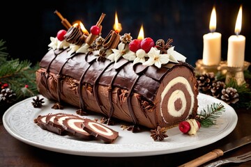 Yule log cake (Bûche de Noël)