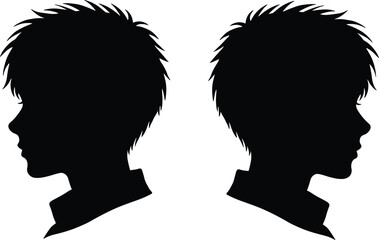 Silhouette of two boys facing opposite directions, hairstyle profile illustration, young male head design, modern vector portrait concept