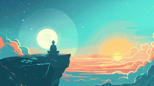 Tranquil meditation scene at sunset with full moon and clouds on world meditation day. International Day of Yoga. Horizontal banner. Flat illustration