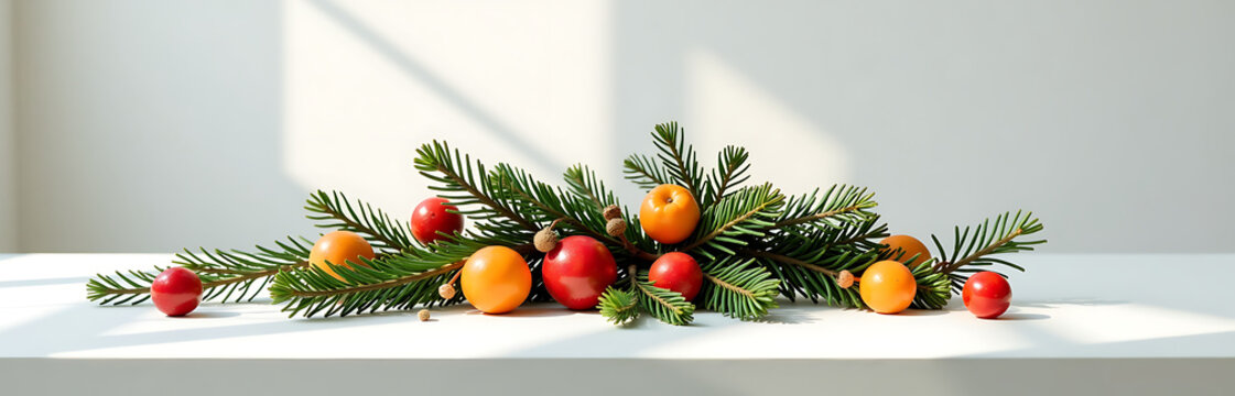 lush arrangement fir branches seasonal fruits spills across minimalist table surrounded wispy threads light soft morning