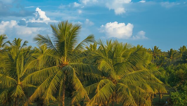 Aerial view of a lush palm grove with natural textures and summer vibes