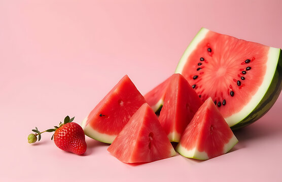 luscious arrangement juicy watermelon slices spills across soft pastel pink backdrop inviting summer warmth vibrant hues
