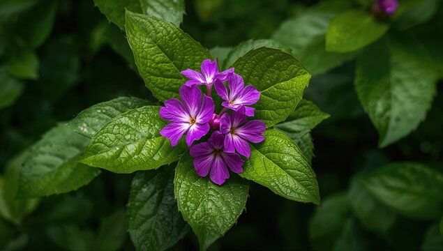 Atidote jambe - A classic herbal plant featuring vivid green foliage and striking purple blossoms, highlighting leaf texture and rich hues.