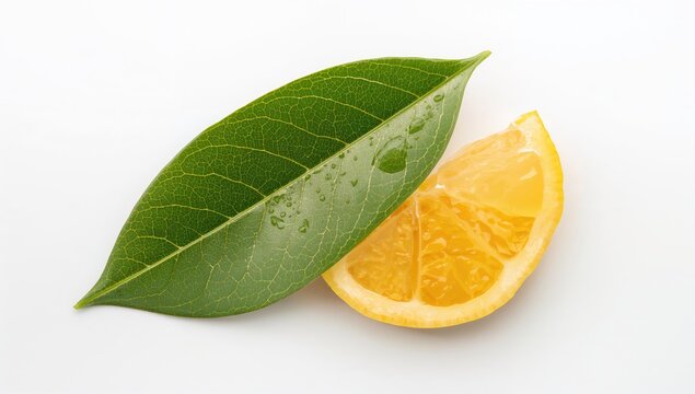 On a plain white backdrop, a fresh green leaf lies next to a juicy segment of a yellow pomelo, a tropical citrus fruit often savored in Asian dishes.